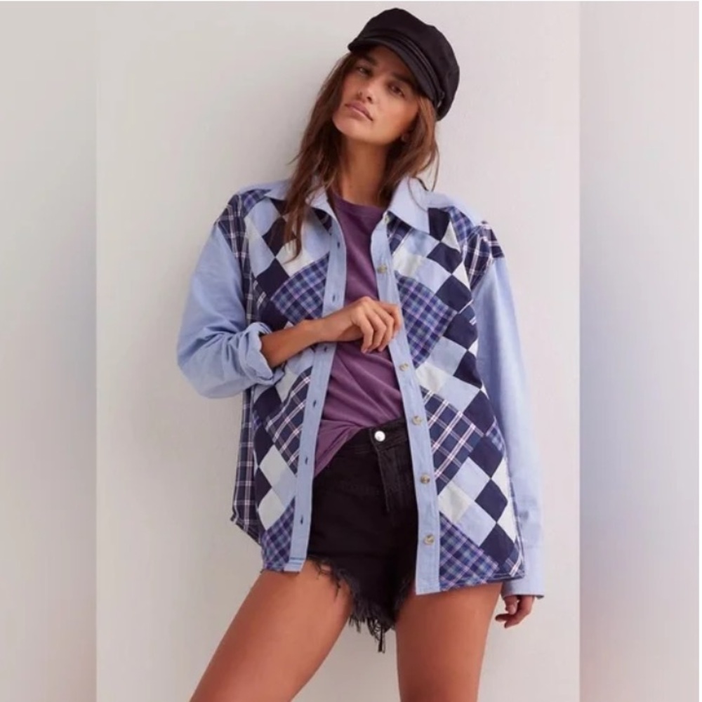 Free People Blue Plaid Button Down Shirt